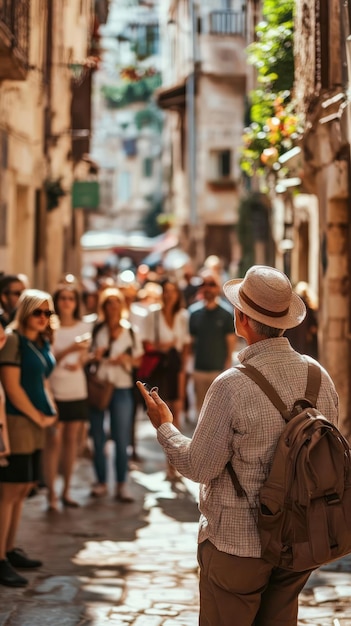 Photo tourist guide leading group in historic foreign city travel industry cultural tours