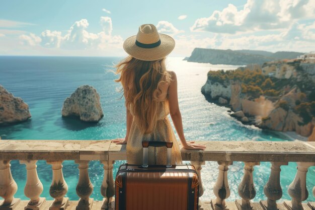 Tourist in hat poses on balcony with sea view