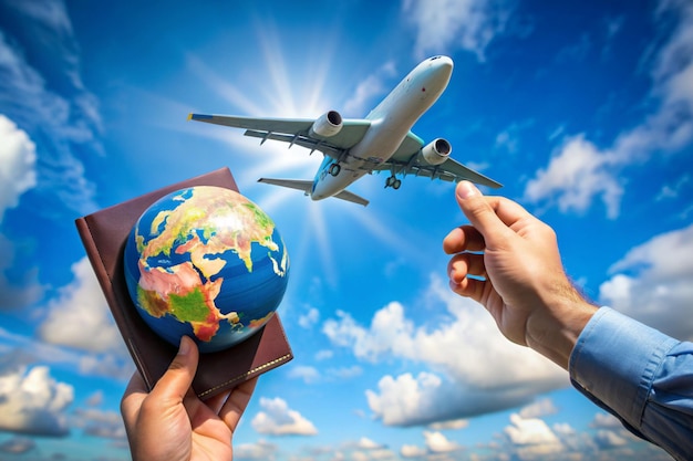 Tourist holding airplane flight travel and passport traveller fly travelling citizenship air on blue sky background Travel Concept