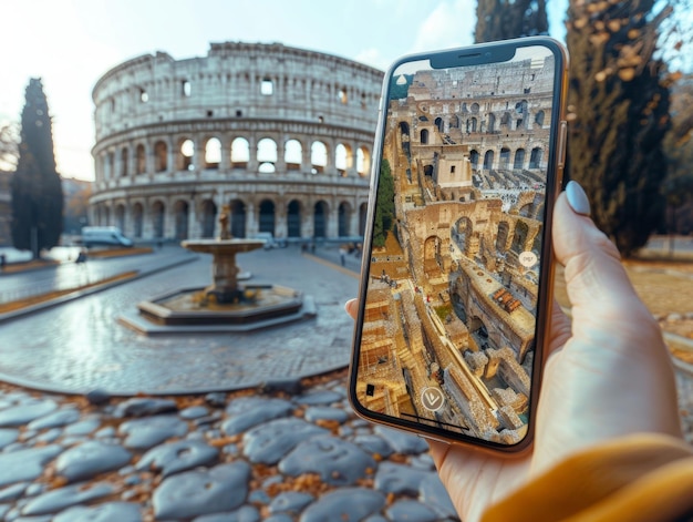 Tourist Holding Smartphone Viewing Roman Colosseum in Rome Italy background