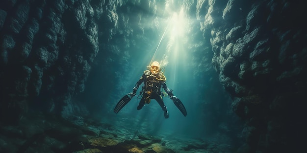 A tourist is diving in a cave with a beam of light shining down on him