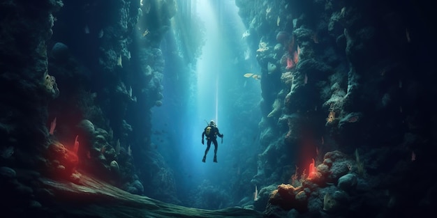 A tourist is diving in a cave with a beam of light shining down on him