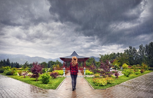 Tourist in Japanese pagoda