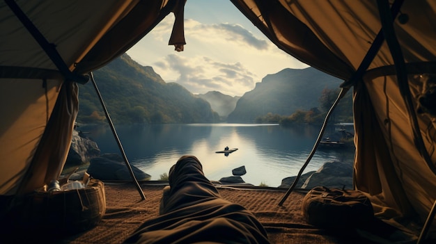 Tourist lying inside his tent with a view of a lake