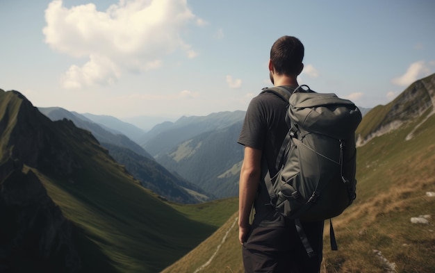 A tourist man with a backpack stands on a mountain top looking at the mountains hiking ai generated