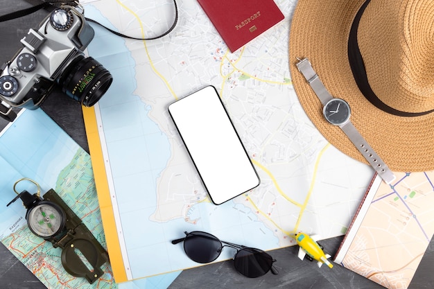 Tourist planning with map, flat lay