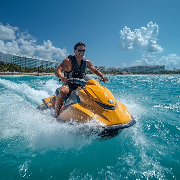 Photo a tourist rides a jet ski across vibrant turquoise waters on a sunny day enjoying the adventure