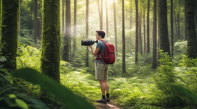 A tourist stands in the middle of a lush summer forest camera in hand ready to take a picture