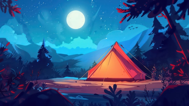 Tourist summer camping illustration of tents Camping on a clearing in the forest Flat style