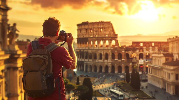 Photo a tourist takes a picture of the colosseum in rome