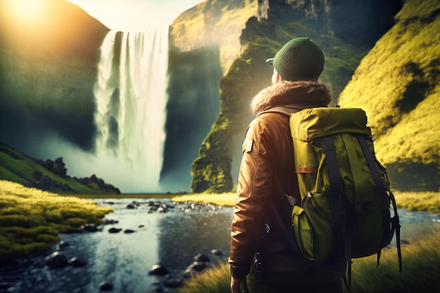 Tourist taking in the breathtaking view of Skogafoss waterfall one of Iceland39s most popular attractions