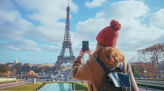 Tourist taking a selfie in front of the Eiffel Tower in Paris