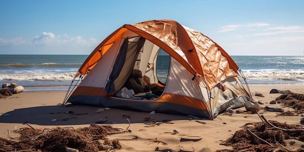 Tourist tent on the beach Orange tent on the background of the blue sky Generative AI