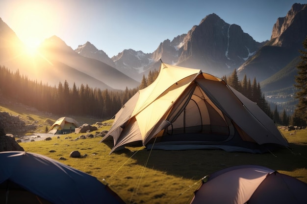 Tourist tent camping in mountains ai generative