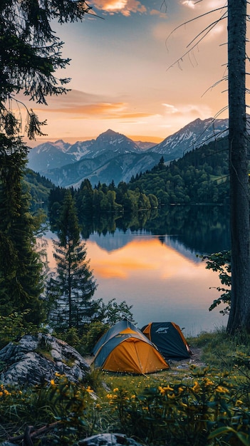 tourist tent camping in mountains at sunset