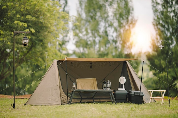 Tourist tent in forest camp