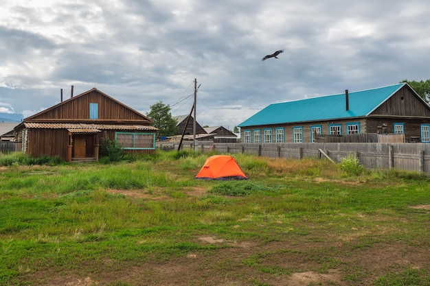 Tourist tent at the inn. Tourist camping in Siberia.