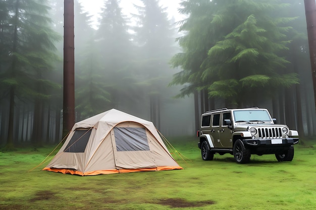 A tourist tent and a jeep stand on a lawn in the middle of a forest in foggy and cloudy weather