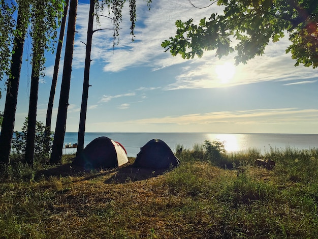 Tourist tents near the river under the sun