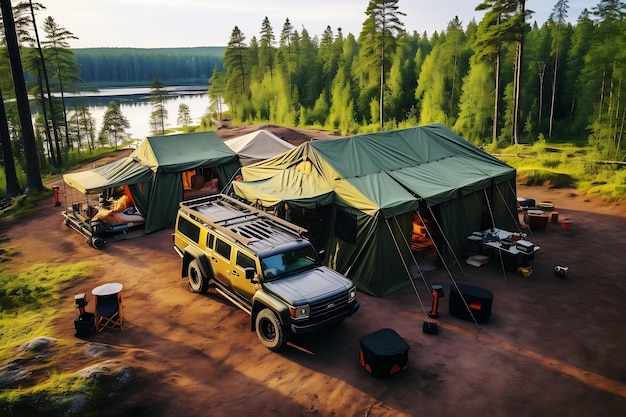 Tourist tents stand on the lawn in the middle of the forest in sunny weather