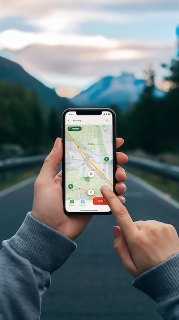 Photo tourist using gps map navigation app on smartphone screen direction