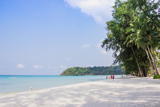 Tourist walk see the panorama of white sand beach on haad Khlong Chao.