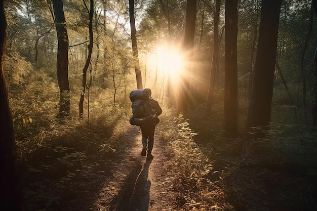 Tourist with backpack hiking the the forest to mountains Generative AI