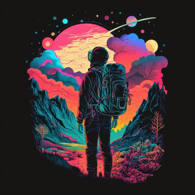 Tourist with a backpack is traveling Beautiful colorful illustration Vector style Generative AI