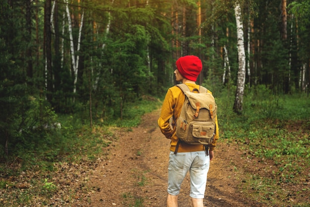 A tourist with a backpack and a red hat is walking in the dark forest among the trees