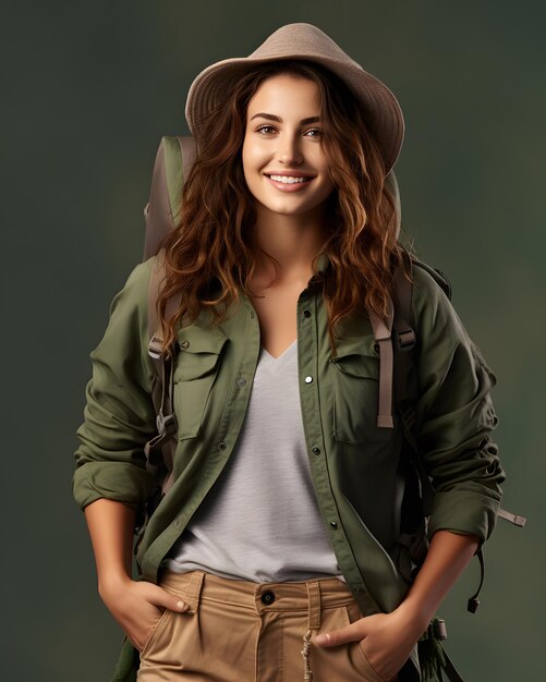 Tourist woman in a hat with a tourist backpack on a studio background