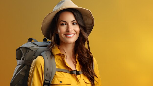 Tourist woman in a hat with a tourist backpack on a studio background