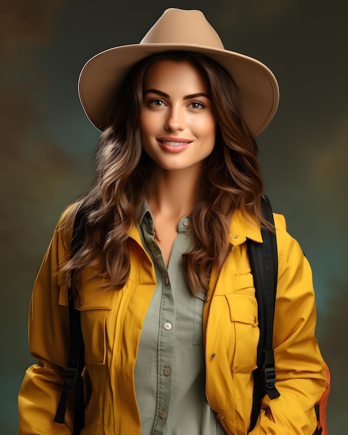 Tourist woman in a hat with a tourist backpack on a studio background