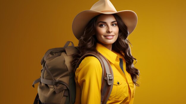 Tourist woman in a hat with a tourist backpack on a studio background