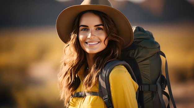 Tourist woman in a hat with a tourist backpack on a studio background