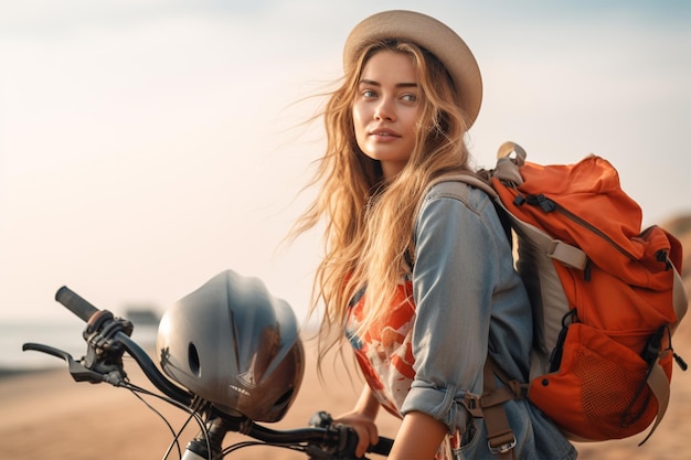 Photo tourist woman traveling by bike on beach