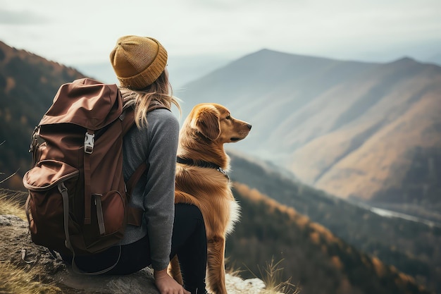 Tourist Woman Traveling With Dog Enjoying Mountain View