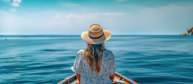 tourist woman wearing a hat sitting on a moving boat and enjoying the blue sea