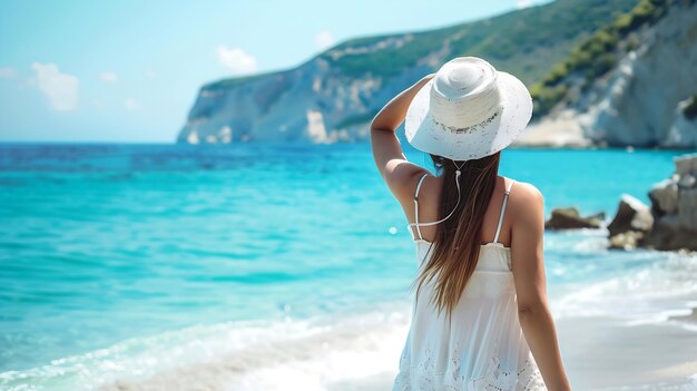 A tourist woman in white dress and hat enjoys the beautiful beach of Petani Kefaloni Generative AI