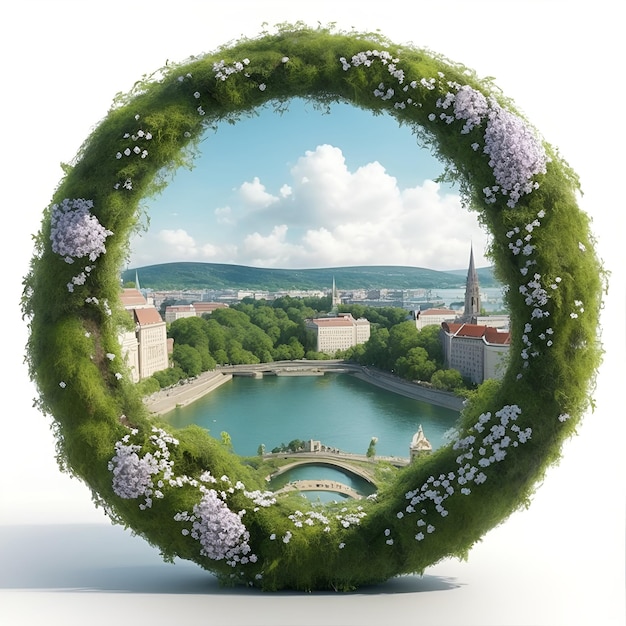 Touristic landscape illustration designed in a round shape