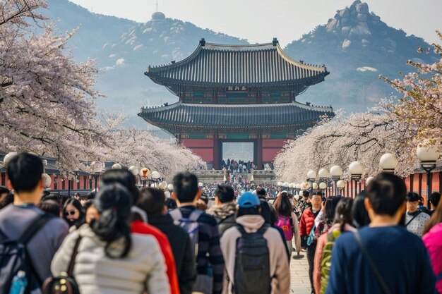 Photo tourists and cherry blossom tree in spring time at gyeongbokgung palace in seoul south korea