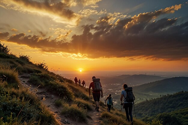 Photo tourists climb hill at sunrise