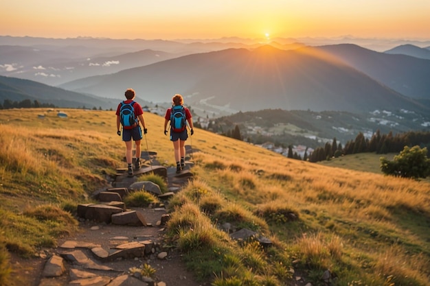 Photo tourists climb hill at sunrise