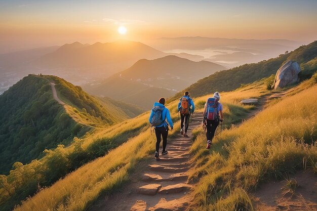 Photo tourists climb hill at sunrise