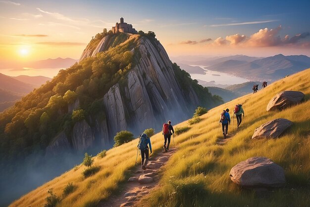 Photo tourists climb hill at sunrise