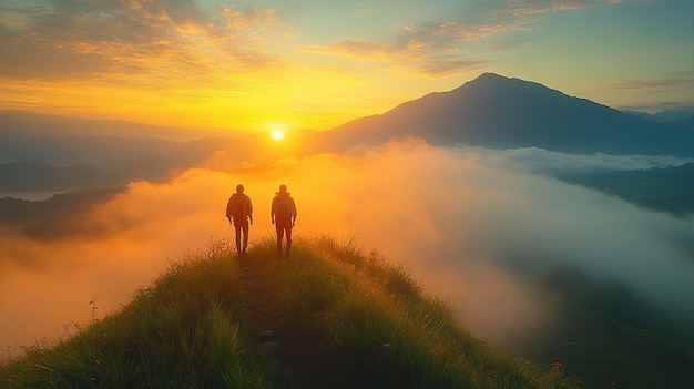 Photo tourists climbing hill at sunrise