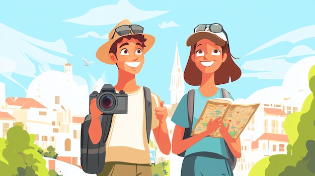 Photo tourists couple visiting european city center holding map and camera