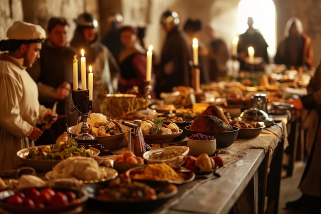 Tourists enjoy a medievalthemed feast with traditional food and costumes in a historic setting