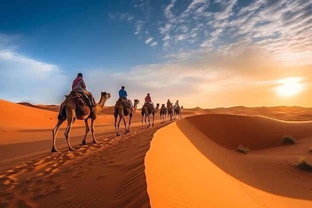 Tourists enjoying with camel caravan in the sahara desert