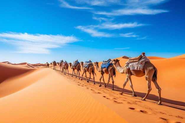 Tourists enjoying with camel caravan in the sahara desert