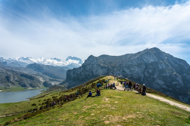 Tourists at the entrelagos viewpoint in the Covadonga Lakes Asturias Spain